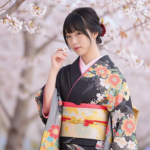 Asian Woman in Kimono with Cherry Blossoms