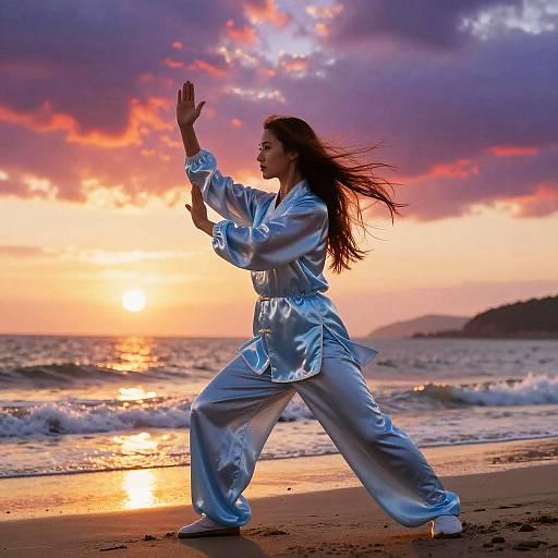 Radiant Woman Practicing Tai Chi at Sunset