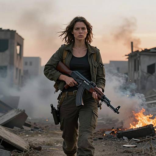 Cinematic Woman in War-Torn City