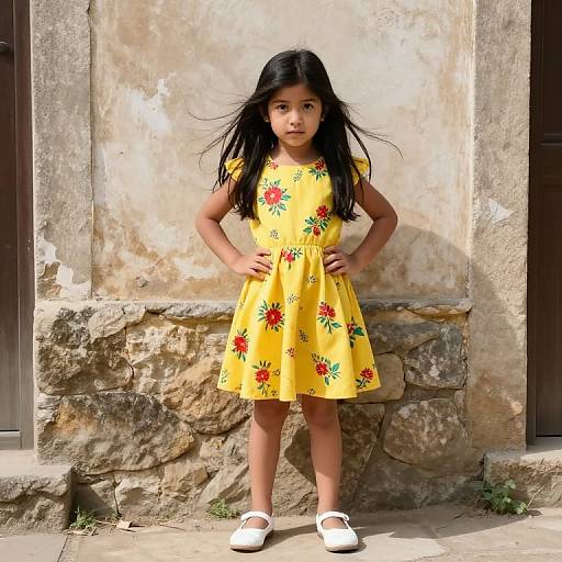 Photograph of a young Latina girl with long black hair, wearing a yellow floral dress, white shoes, standing in front of a rustic stone and plaster