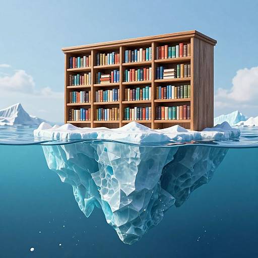 Photorealistic digital artwork of a wooden library floating on a snow-covered iceberg in a clear blue ocean under a bright sky.