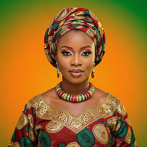Photograph of a beautiful African woman with dark skin, wearing a colorful, patterned headwrap, gold-embroidered red and green dress,