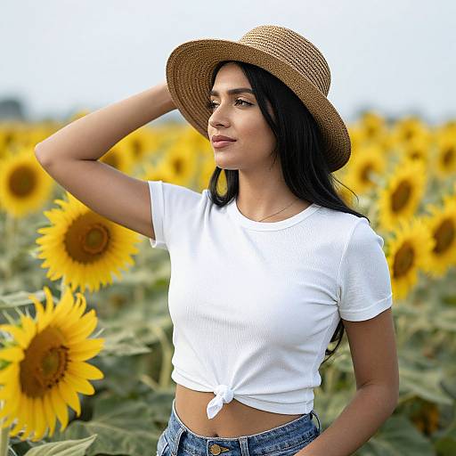 Photograph of a young woman with long black hair, wearing a white tied-shirt, blue jeans, and a straw hat, standing in a sunflower