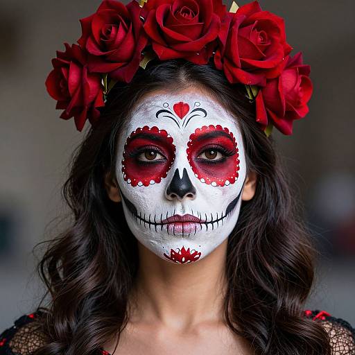 Photograph of a woman with white face paint featuring red sugar skull design, black nose, and red rosy eyes, wearing a red flower crown and
