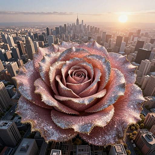 Photorealistic CGI of a massive pink, sparkling rose with intricate petals towering over a city skyline at sunset, with skyscrapers and distant mountains in