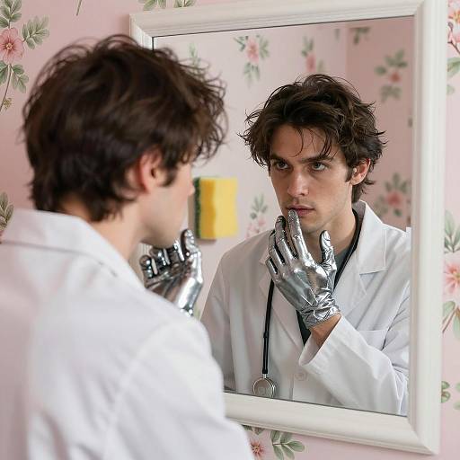 Man in Lab Coat with Metallic Glove Looking in Mirror