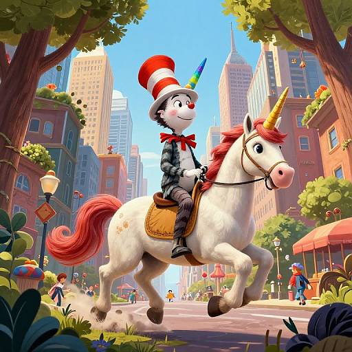 CGI image of a white cartoon unicorn with a red mane, ridden by a whimsical character in a red hat and bow tie, galloping