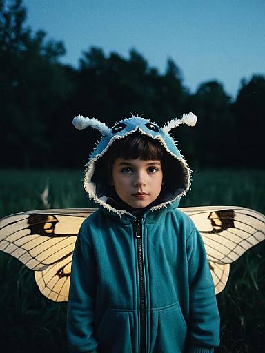 Boy in Moth Costume at Twilight