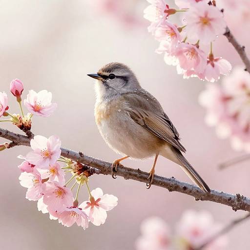 Photograph of a small, brown and white bird perched on a cherry blossom branch, surrounded by soft pink flowers against a bright, blurred background.