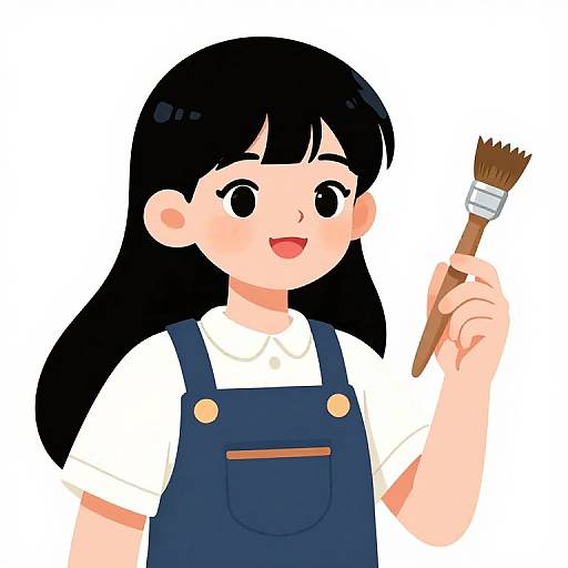 Digital illustration of a smiling young girl with black hair, wearing a white shirt and blue overalls, holding a paintbrush.