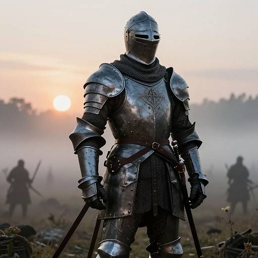 Photograph of a silhouetted medieval knight in shiny silver armor with a visor, standing in a misty sunrise battlefield, holding swords.