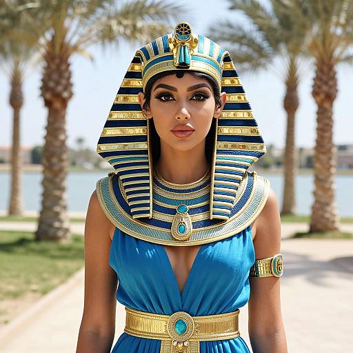 Photograph of a woman with dark skin, wearing an Egyptian-inspired blue dress, gold striped headdress, and jewelry, standing in a sunny park with