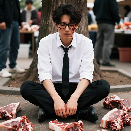Distressed Man Surrounded by Raw Meat