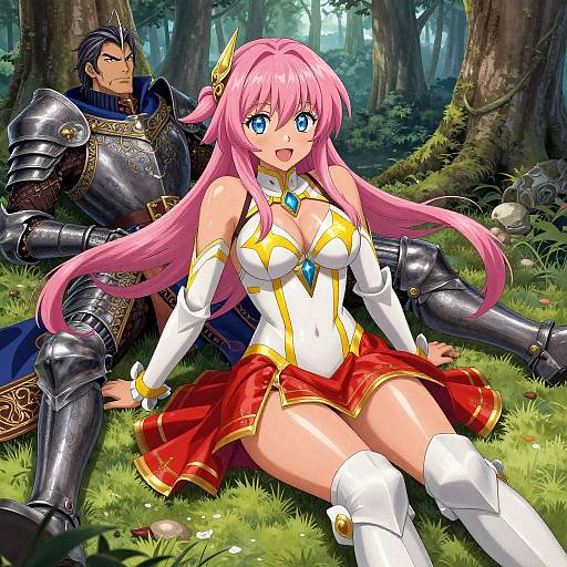 Anime-style drawing of a pink-haired, blue-eyed, busty girl in white and red armor, sitting on grass with a muscular, dark-haired man in
