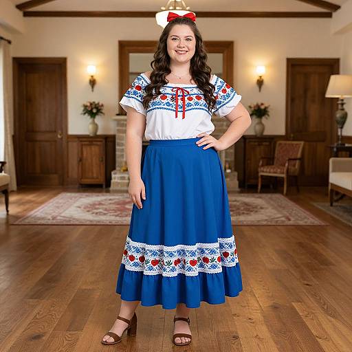 Photograph of a smiling woman with long dark hair, wearing a white blouse, blue skirt with white and red embroidery, and red bow, standing in