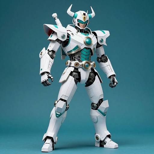 CGI image of a white and turquoise robot with horned helmet, teal chest plate, and gold belt, standing against a blue gradient background.