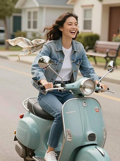 Woman Riding Vintage Scooter in Residential Area