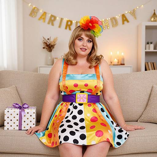 Photograph of a curvy woman with light skin, wearing a colorful polka dot dress, orange apron, and flower headband, sitting on