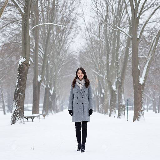 Photograph of a smiling Asian woman with long brown hair, wearing a grey double-breasted coat, black pants, and gloves, standing in a snowy