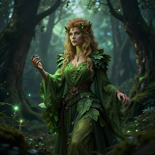 Digital fantasy artwork of a blonde, green-clad forest fairy with leafy accessories, glowing fireflies, and a mystical forest background.