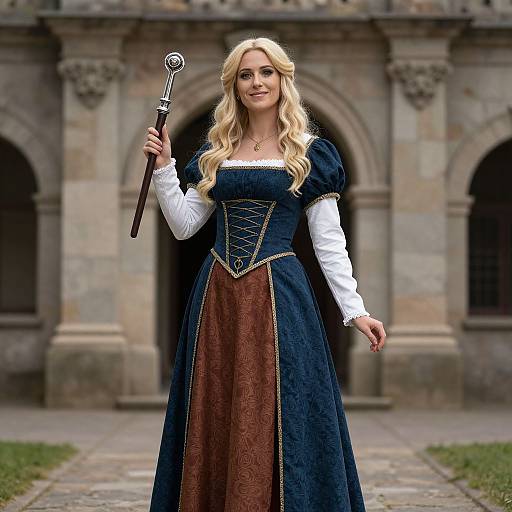 Blonde woman in medieval-style navy and brown gown with white sleeves, holding a staff, stands in front of a stone building. Photograph.
