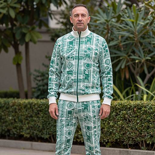 Photograph of a middle-aged man with short dark hair, wearing a green and white abstract patterned tracksuit, standing outdoors in front of greenery