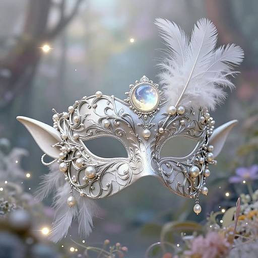 Photograph of a silver, ornate masquerade mask adorned with pearls, white feathers, and a large blue gem, floating in a magical,