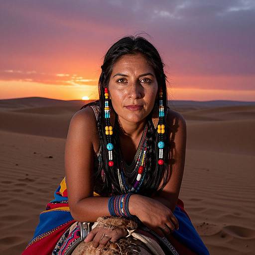 Photograph of a Native American woman with dark braids, colorful beaded necklace, and bracelets, sitting on a camel at sunset in a desert.