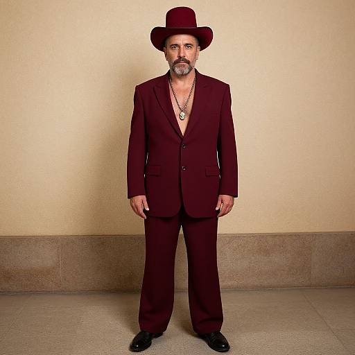 Photograph of a middle-aged man with a gray beard, wearing a maroon suit, matching hat, black shoes, and a necklace, standing against