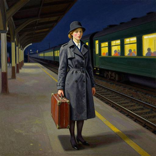 Photograph of a 1940s-style woman in a dark blue trench coat, black hat, and black shoes, holding a brown suitcase, standing