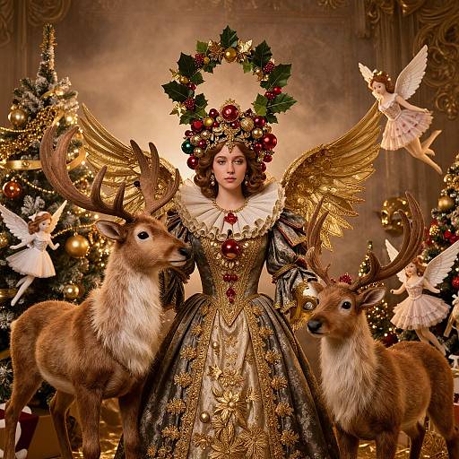 Photograph of a regal woman with golden wings, red and gold Christmas wreath, ornate dress, flanked by reindeer, surrounded by