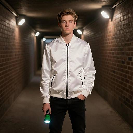 Young Man in Dim Tunnel with Flashlight