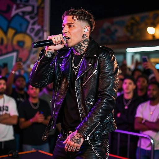 Photograph of a tattooed, short-haired male singer in a black leather jacket and chain necklaces, passionately performing on stage, with a colorful graffiti