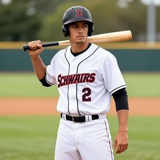 Photograph of a young male baseball player in white Chicago Cubs uniform with black accents, holding a wooden bat, standing on a grassy field. Number