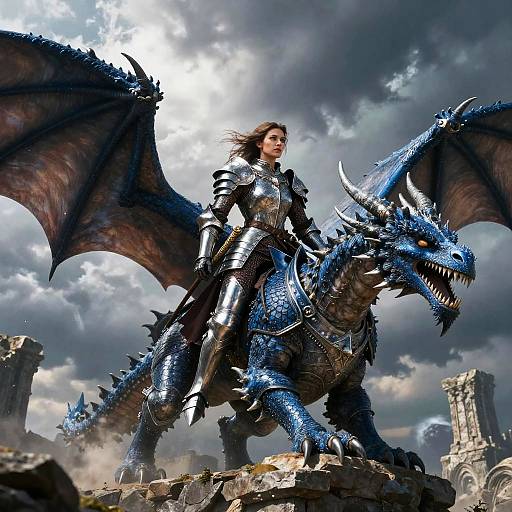 Epic digital artwork of a armored woman riding a fierce blue dragon against a stormy sky, ruins in the background.