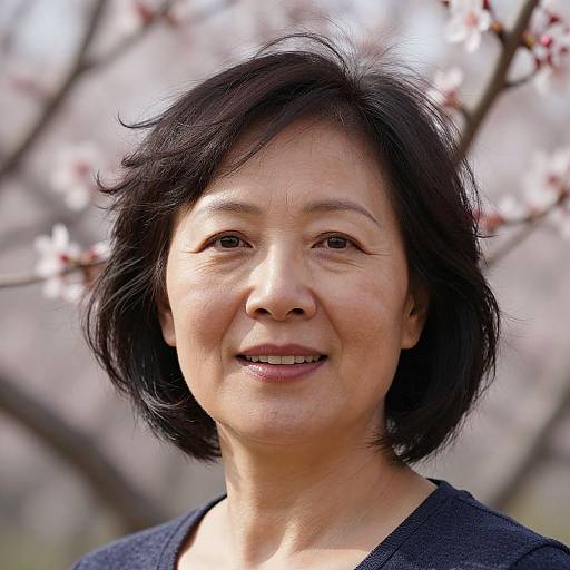 Photograph of an Asian woman with short black hair, smiling, wearing a dark blue top, against a blurred background of cherry blossoms.