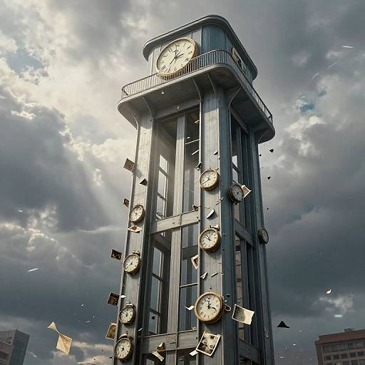 Photograph of a futuristic, tall clock tower with multiple clocks on its sides, under a dramatic, cloudy sky, with flying papers and flags.