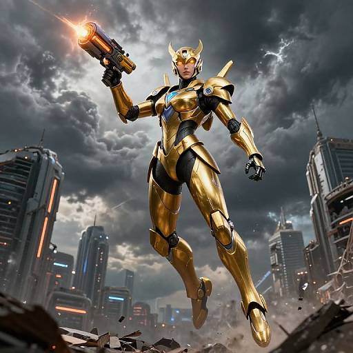 CGI image of a golden armored superhero with horns, holding a glowing gun, flying over a ruined cityscape with dark, stormy clouds in the