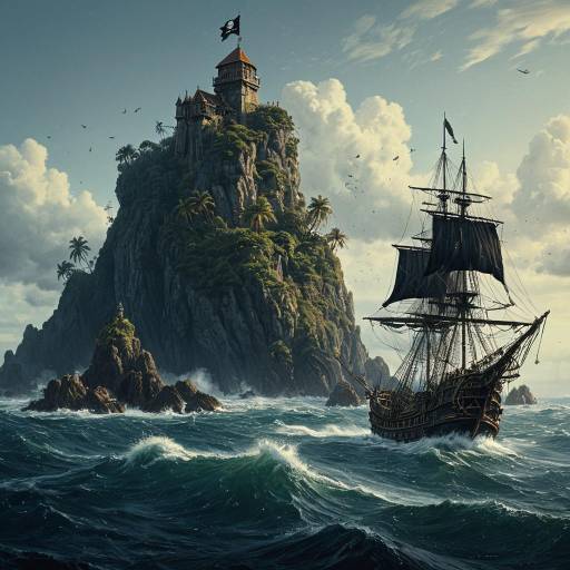 Pirate Ship Near Rocky Island Fortress