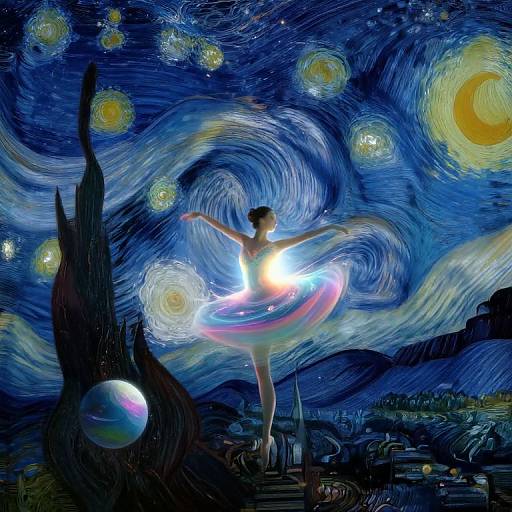 Digital art of a ballerina with glowing skirt, standing in a swirling, starry night sky, inspired by Van Gogh's 