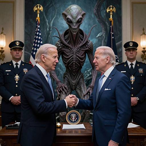 Photograph of two men in black suits shaking hands in front of a menacing, alien-like creature with dark, textured skin, flanked by two uniform