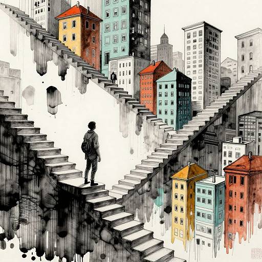 Digital illustration of a person standing on a black and white stairway, overlooking colorful, multi-story buildings in a cityscape.