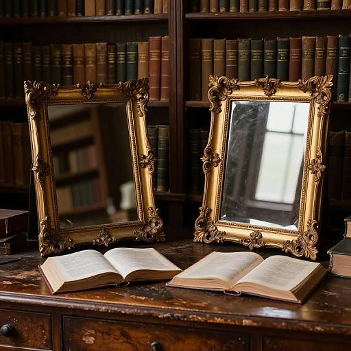 Photograph of two ornate, gold-framed mirrors on a wooden bookshelf with open books, reflecting a lit window, in a dimly lit