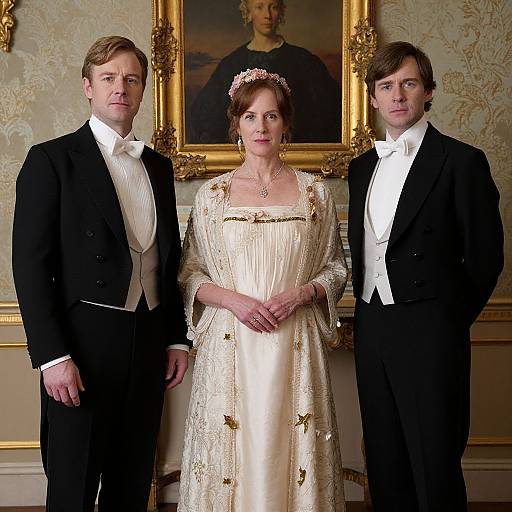 Photograph of a middle-aged woman in an elegant cream gown with lace, flanked by two young men in black tuxedos, standing before