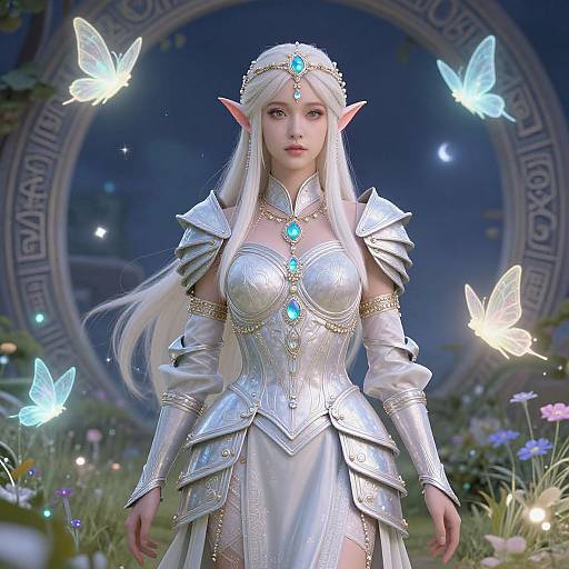 Digital artwork of a beautiful, elf-like woman with long white hair, silver armor, and blue gemstones, surrounded by glowing butterflies in a magical,