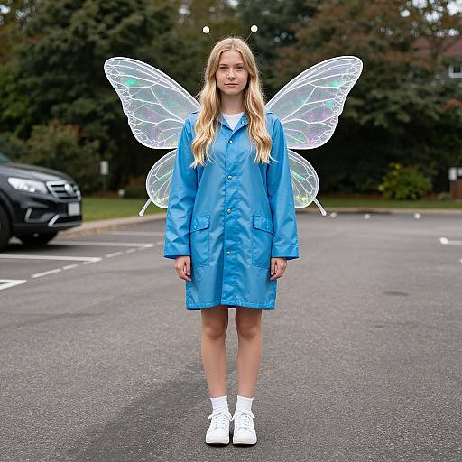 Photograph of a blonde girl in a blue satin dress, white socks, and white shoes, standing on an empty street wearing translucent fairy wings, with