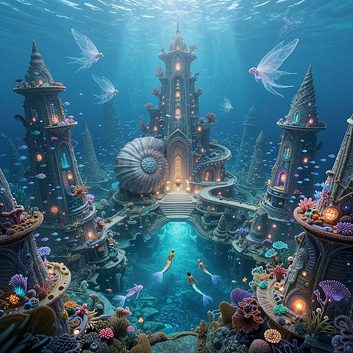Digital fantasy artwork of an underwater city with glowing towers, colorful coral reefs, and ethereal fish, illuminated by sunlight from above.