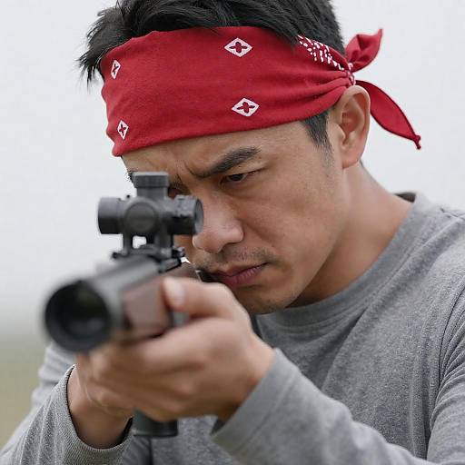 Intense Portrait of Man Aiming Rifle