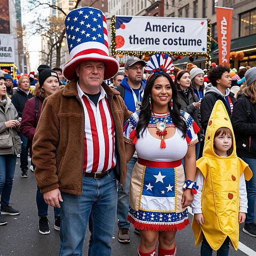Photograph of a crowded street parade with a man in a star-spangled top hat and brown jacket, a woman in a patriotic dress, and a