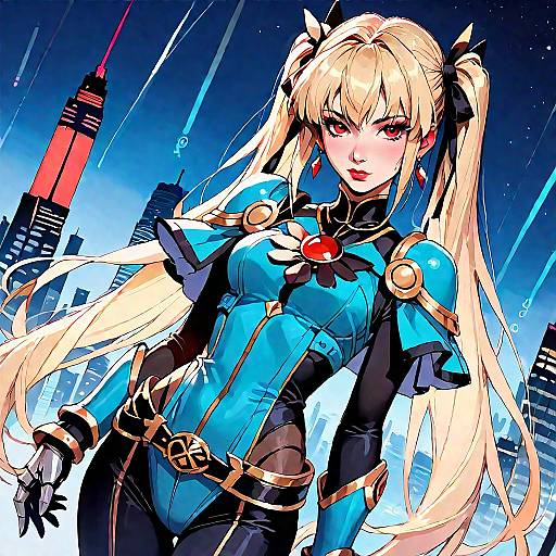 Digital anime-style drawing of a blonde woman with red eyes, wearing a blue and black futuristic bodysuit, standing in front of a city skyline with
